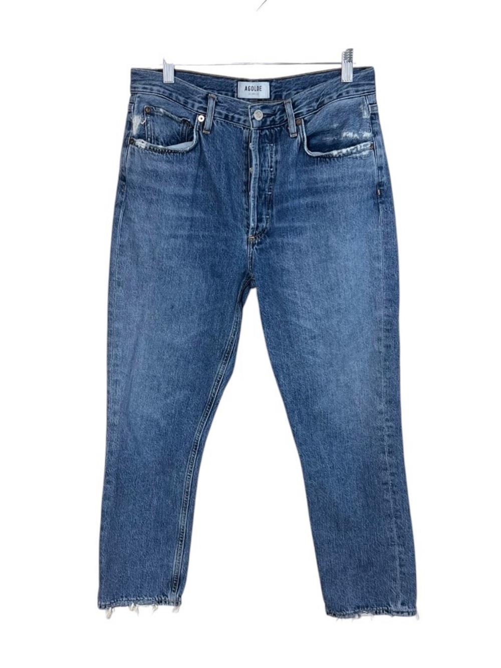 AGOLDE Riley Blue High Rise Women’s Straight Crop Button Fly Distressed Jeans 28